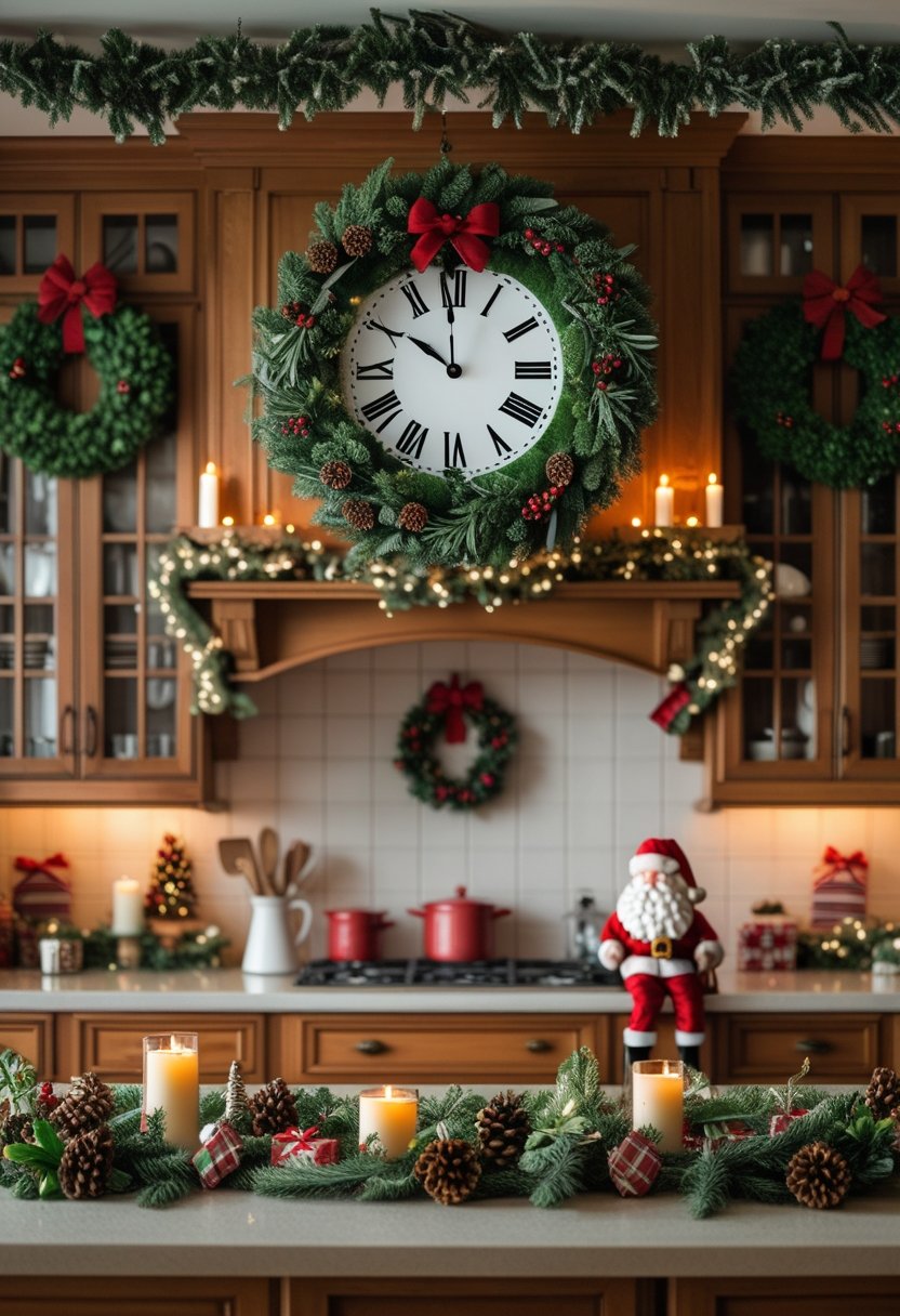 A festive kitchen decorated with a large wreath clock, garlands, and Christmas accents including a Santa figurine and natural greenery.