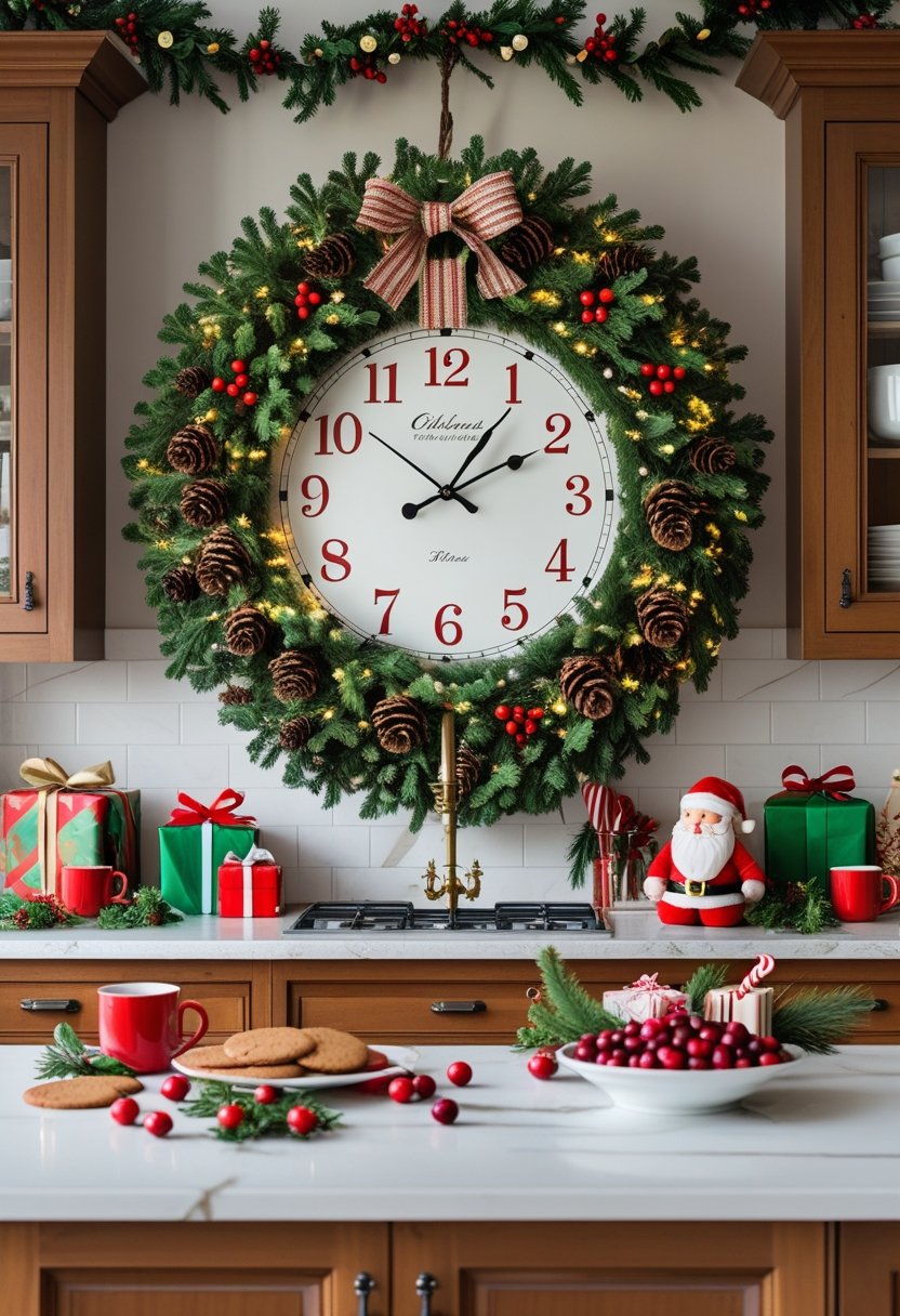A kitchen decorated for Christmas with a large wreath clock on the wall, a Santa figurine on the countertop, holiday decorations, and warm natural light.