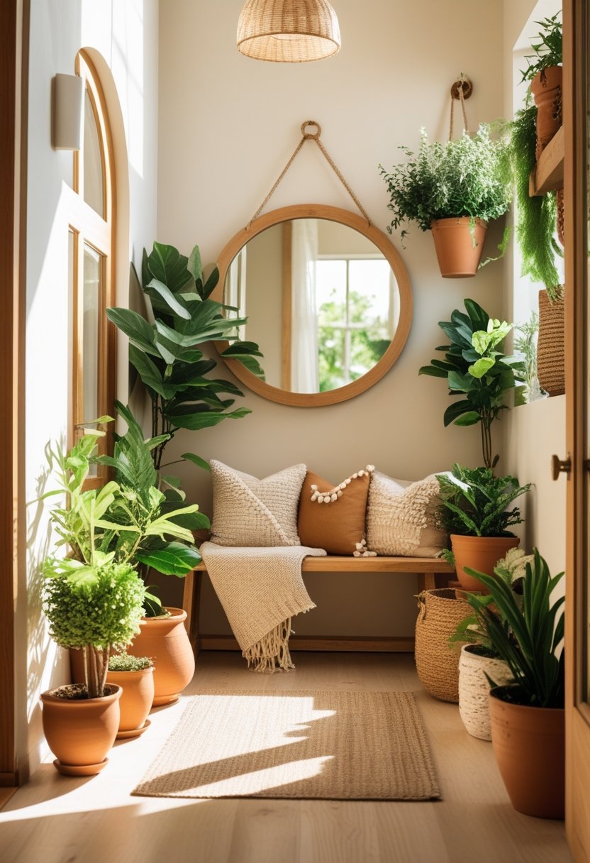 A bright home entryway with a wooden bench, cushions, green plants, a round mirror, and natural sunlight coming through a window.