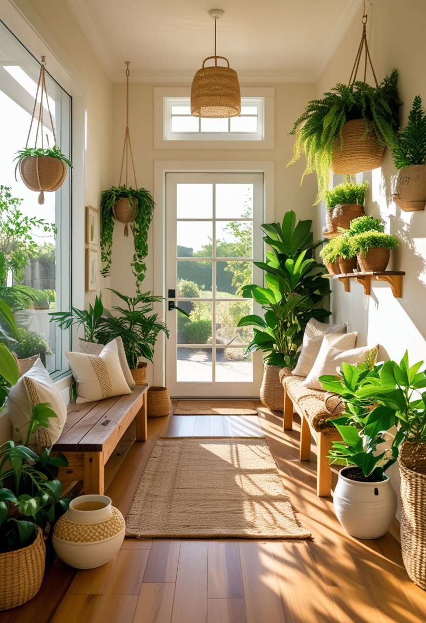 A bright home entryway with wooden flooring, a bench with cushions, and various green plants illuminated by natural sunlight.