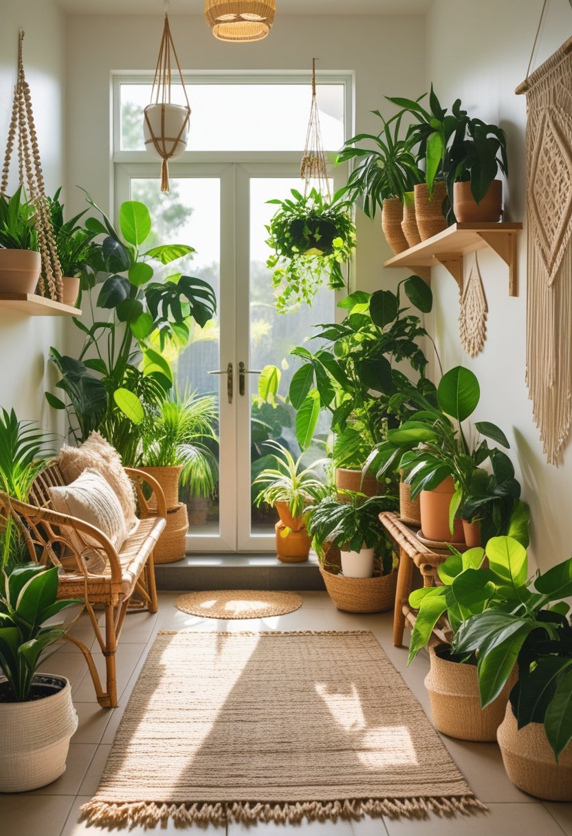 A bright entryway with indoor plants, wooden furniture, and natural light creating a welcoming atmosphere.