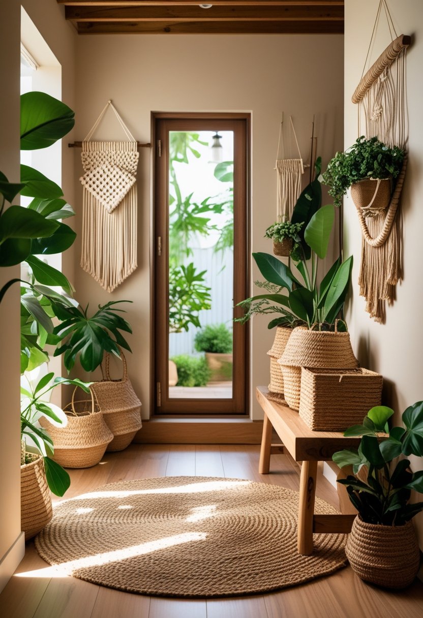 A bright entryway with wooden furniture, woven baskets, green plants, and natural sunlight.