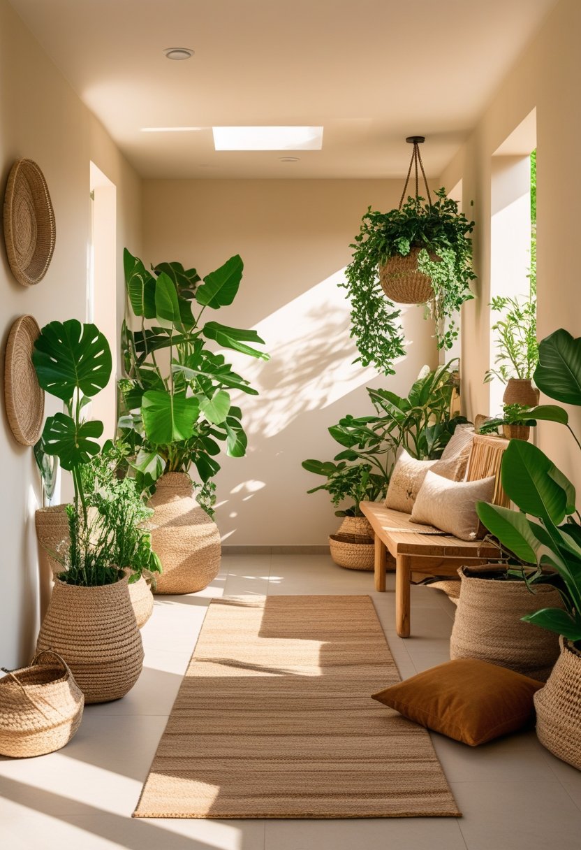 A bright entryway with wooden furniture, woven baskets, green plants, and natural light.