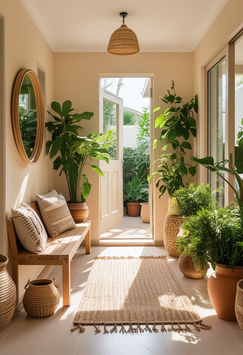 A bright entryway with a wooden bench, cushions, green plants, and natural light coming through a window.