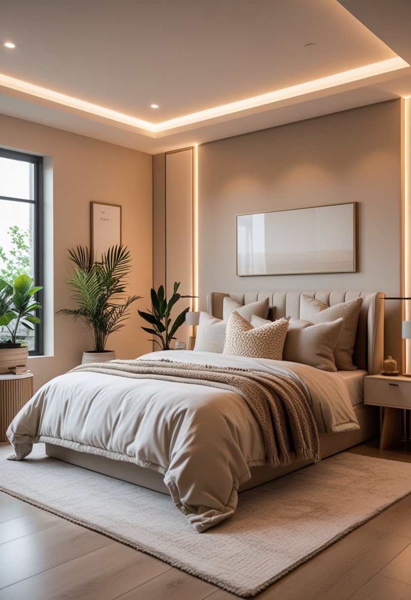 A modern bedroom with a large bed, soft pillows, wooden accents, a potted plant, and natural light coming through large windows.