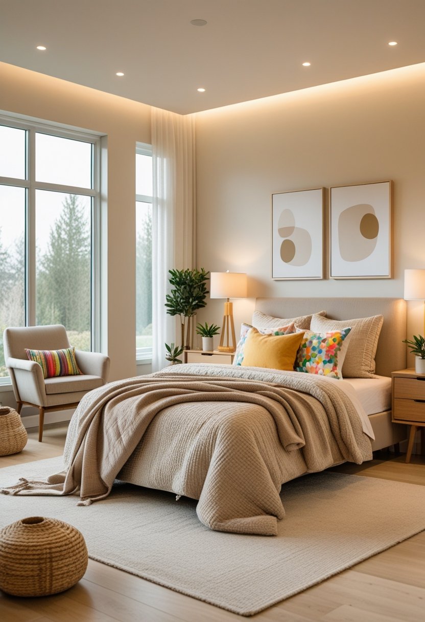 A cozy bedroom with a neatly made bed, soft lighting, wooden furniture, plants, and decorative items creating a warm and inviting space.