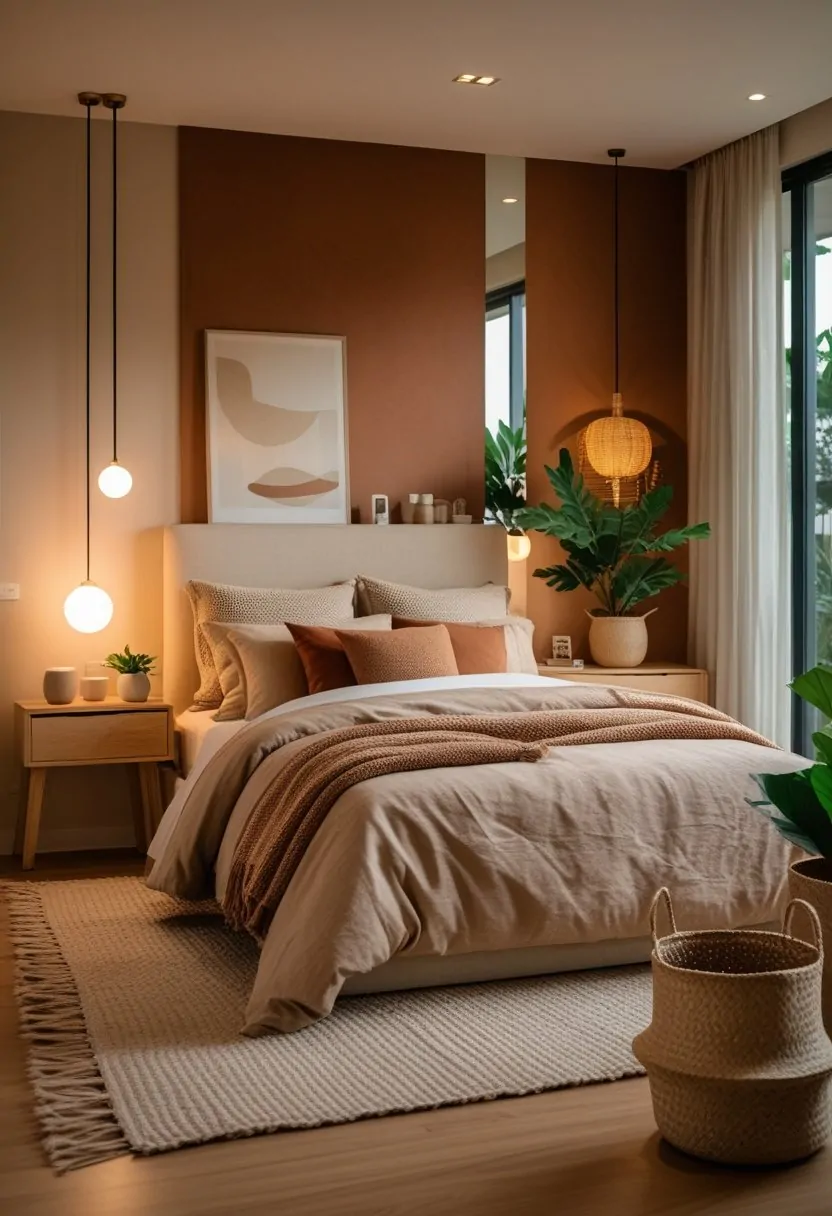 A modern bedroom with a bed, wooden furniture, warm earth tone bedding, plants, and soft lighting.