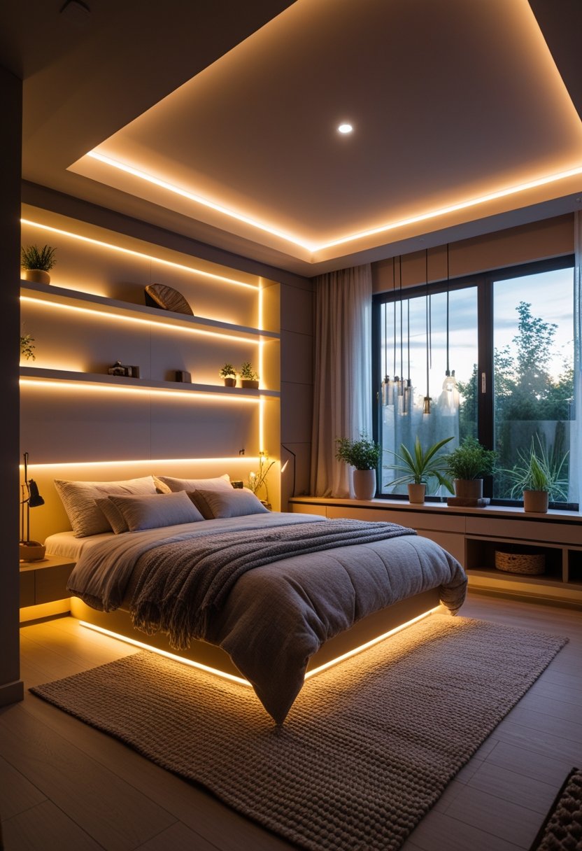 A cozy bedroom with warm ambient lighting, a neatly made bed, plants, and modern furniture creating a peaceful atmosphere.