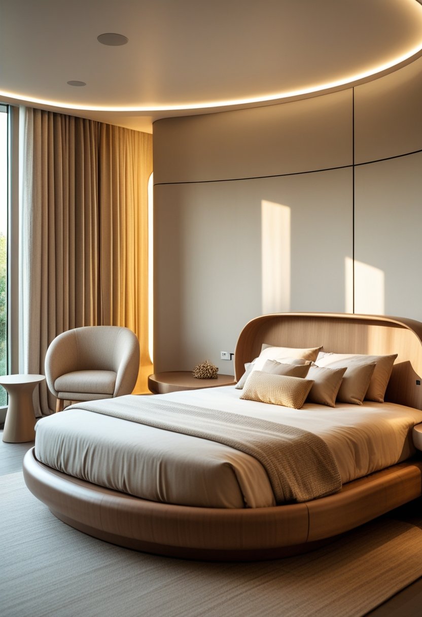 A modern bedroom with a curved wooden bed, matching nightstand, and a cozy armchair illuminated by natural light.
