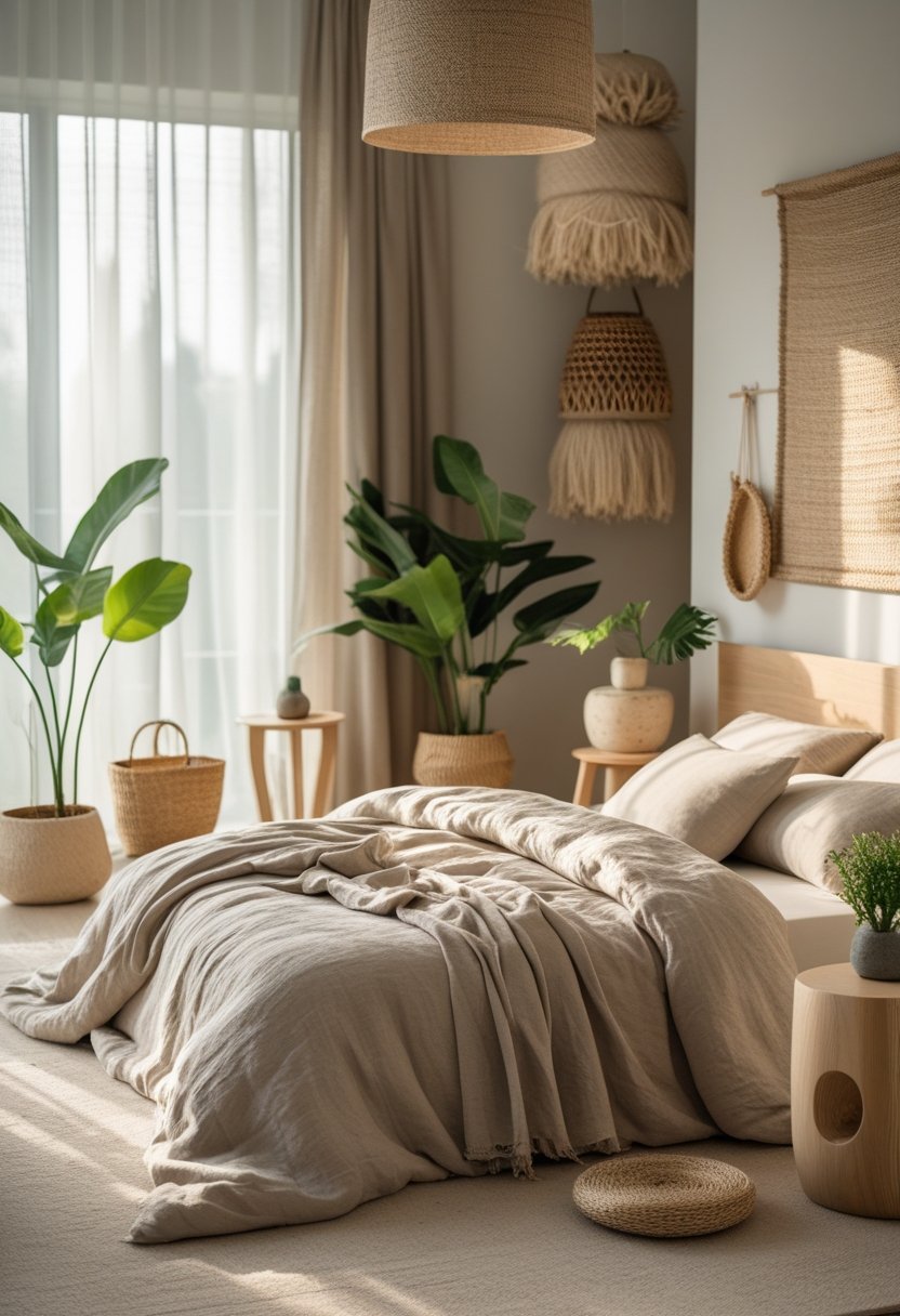 A cozy bedroom with a bed, wooden furniture, plants, and natural light creating a warm and inviting atmosphere.