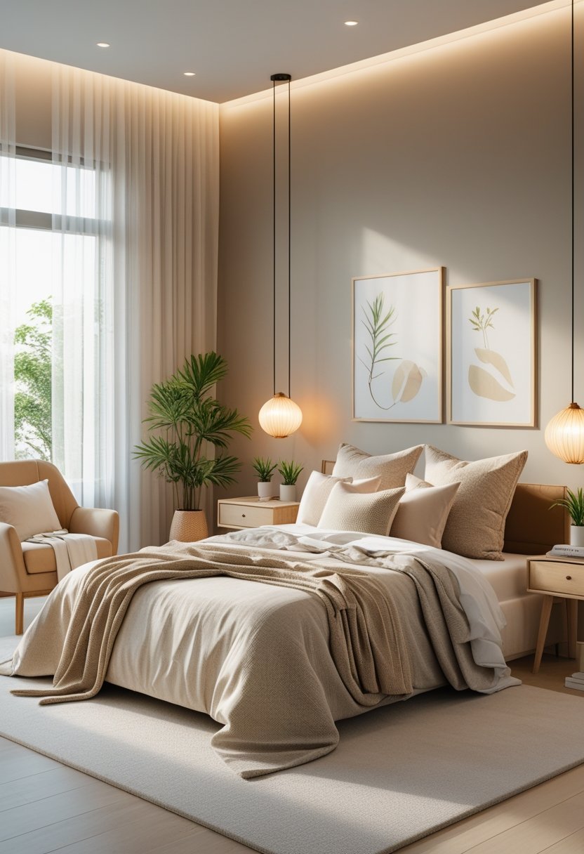 A cozy bedroom with a neatly made bed, soft natural light, plants, and comfortable furniture creating a peaceful atmosphere.