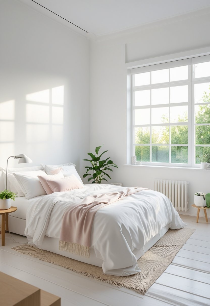 A bright bedroom with a neatly made bed, wooden flooring, a bedside table with a lamp and plant, and natural light coming through a large window.