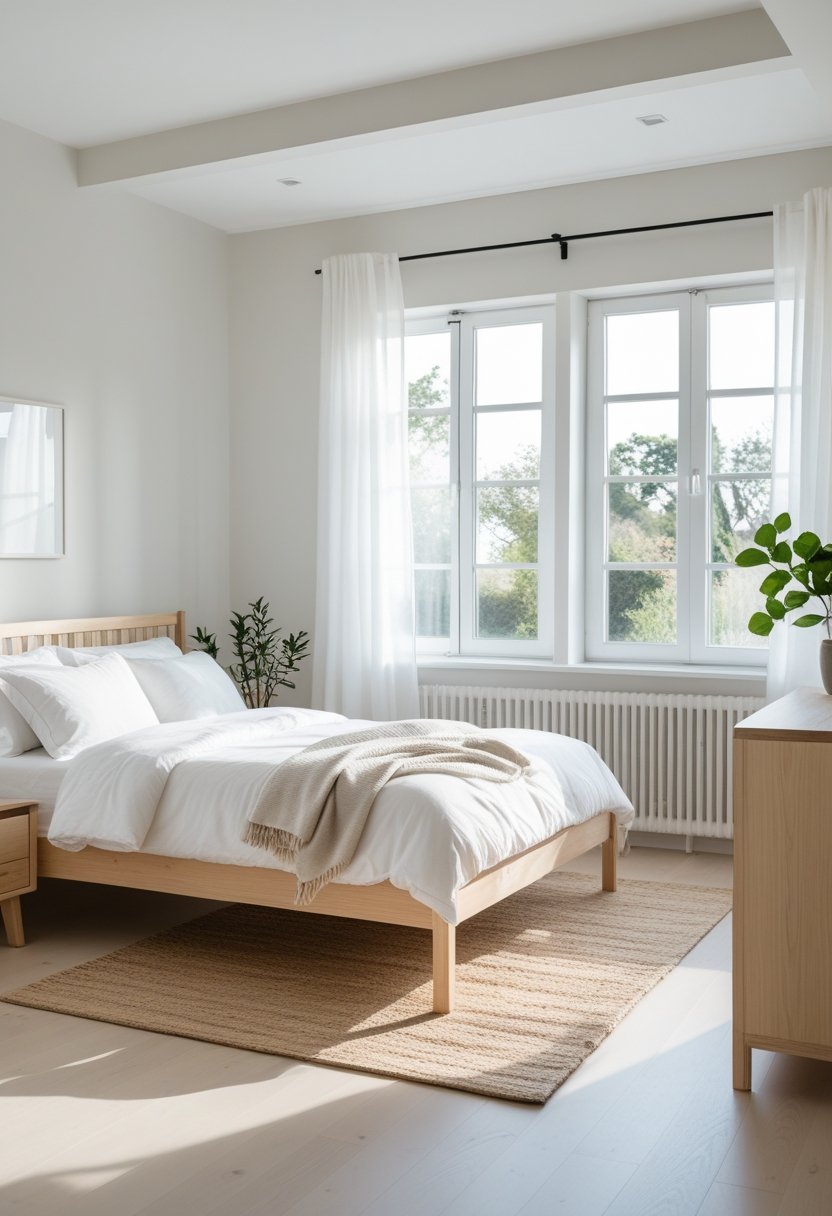 A bright bedroom with a wooden bed, white bedding, a nightstand with a plant, large windows, and minimal decor.