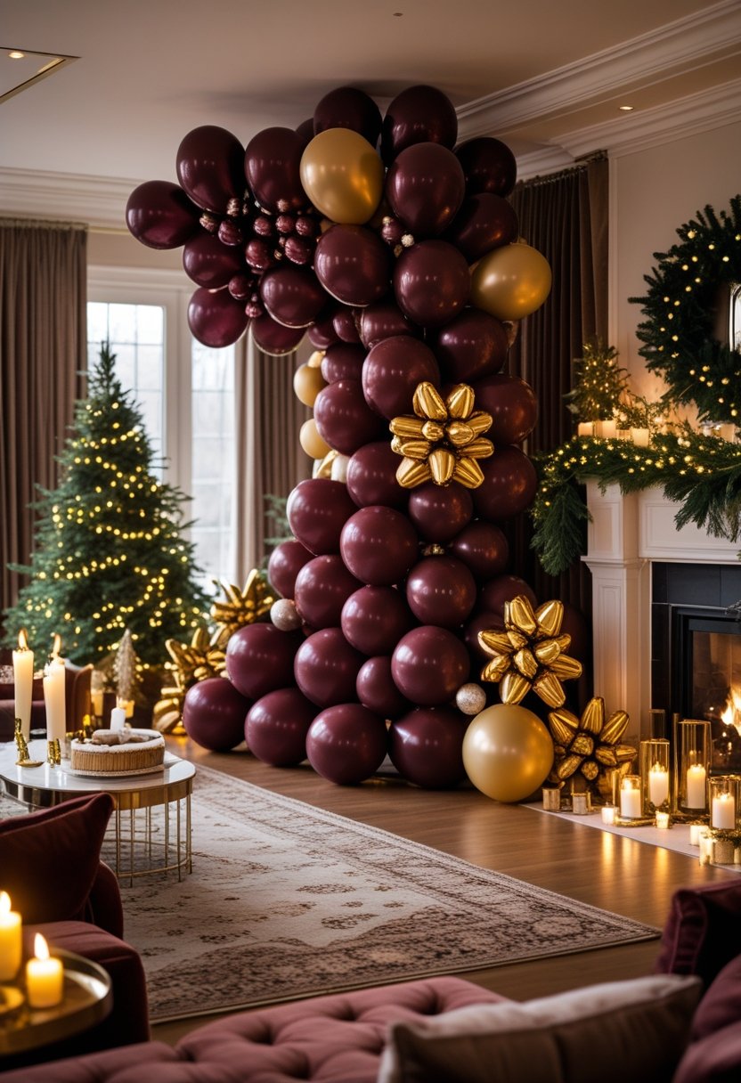 A cozy living room decorated with burgundy and gold balloons, warm candlelight, greenery, and a glowing fireplace.