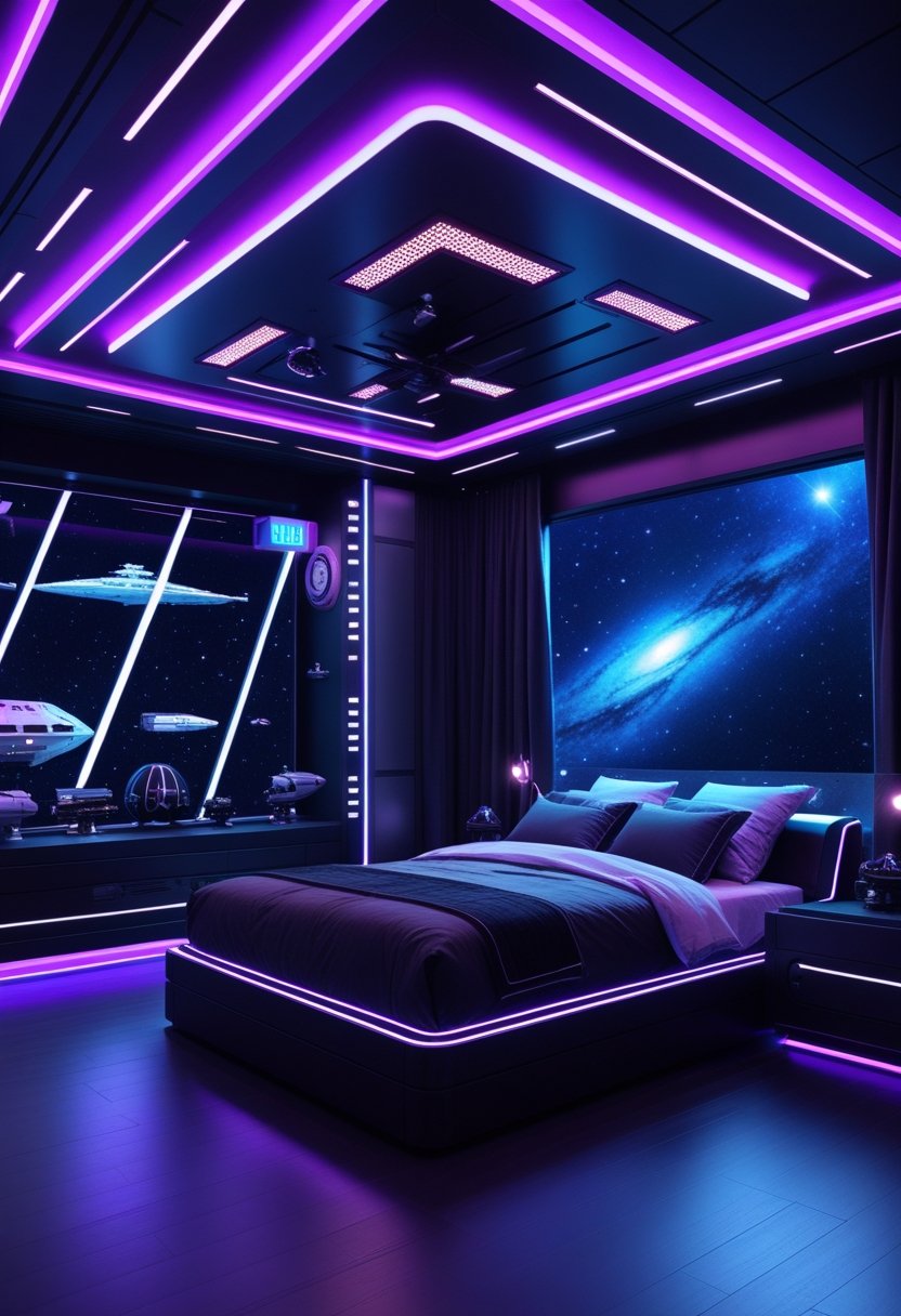 A modern bedroom with LED lighting, space-themed decorations, and a window showing a starry night sky with planets.