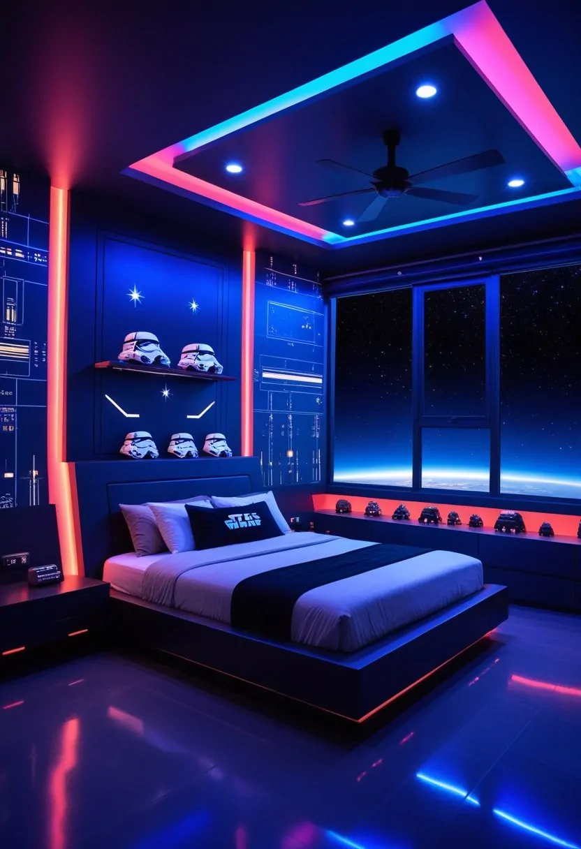 A modern bedroom with space-themed decorations, LED lighting, and futuristic furniture inspired by Star Wars.