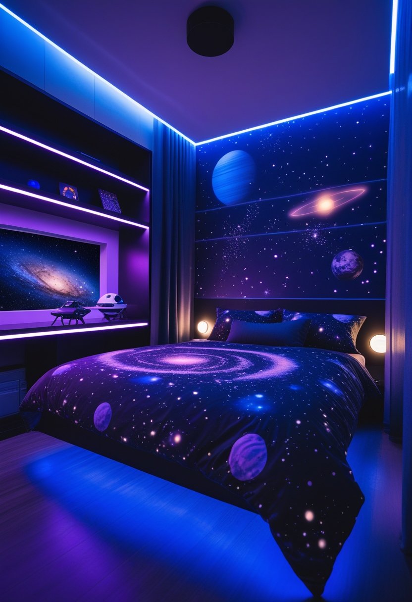 A bedroom with space-themed bedding and LED lighting, featuring galaxy patterns and futuristic decor.