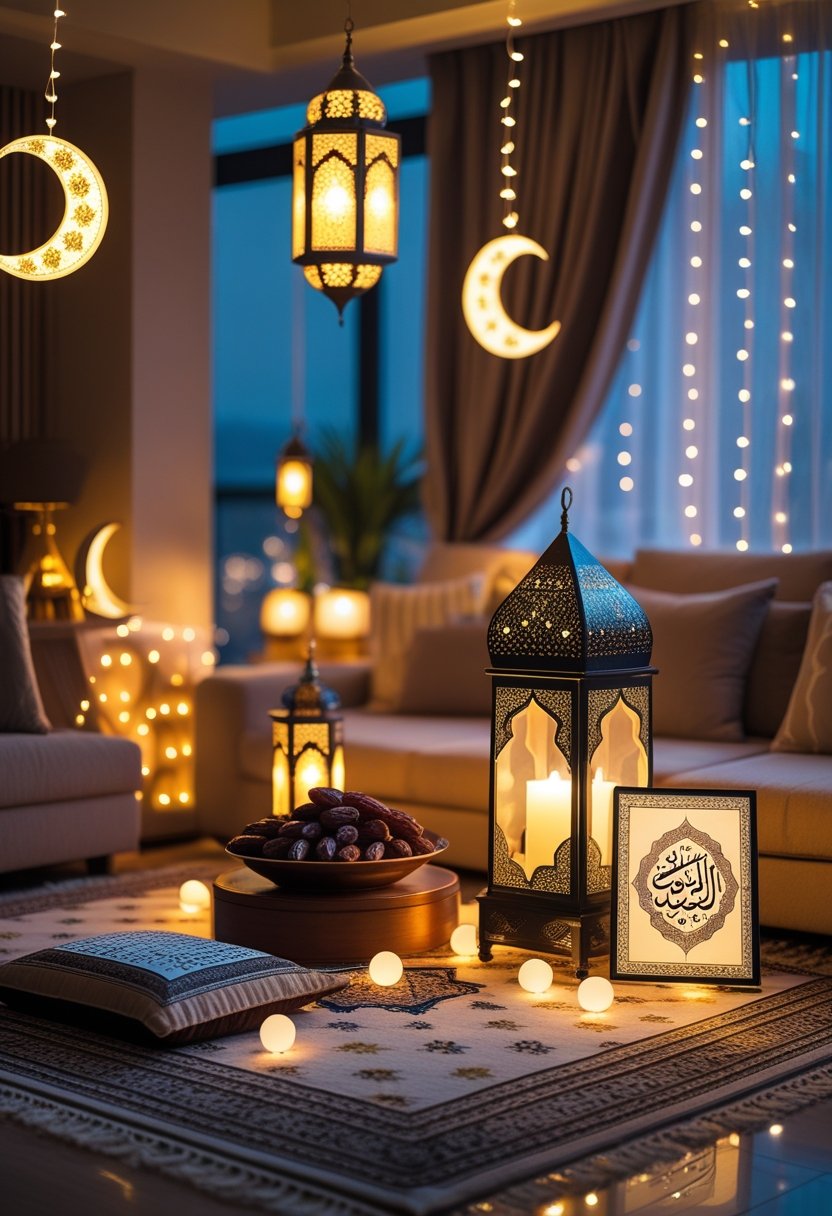 A cozy living room decorated with Ramadan lanterns, crescent moon and star string lights, a table with dates and a Qur'an, soft cushions, and a prayer rug.