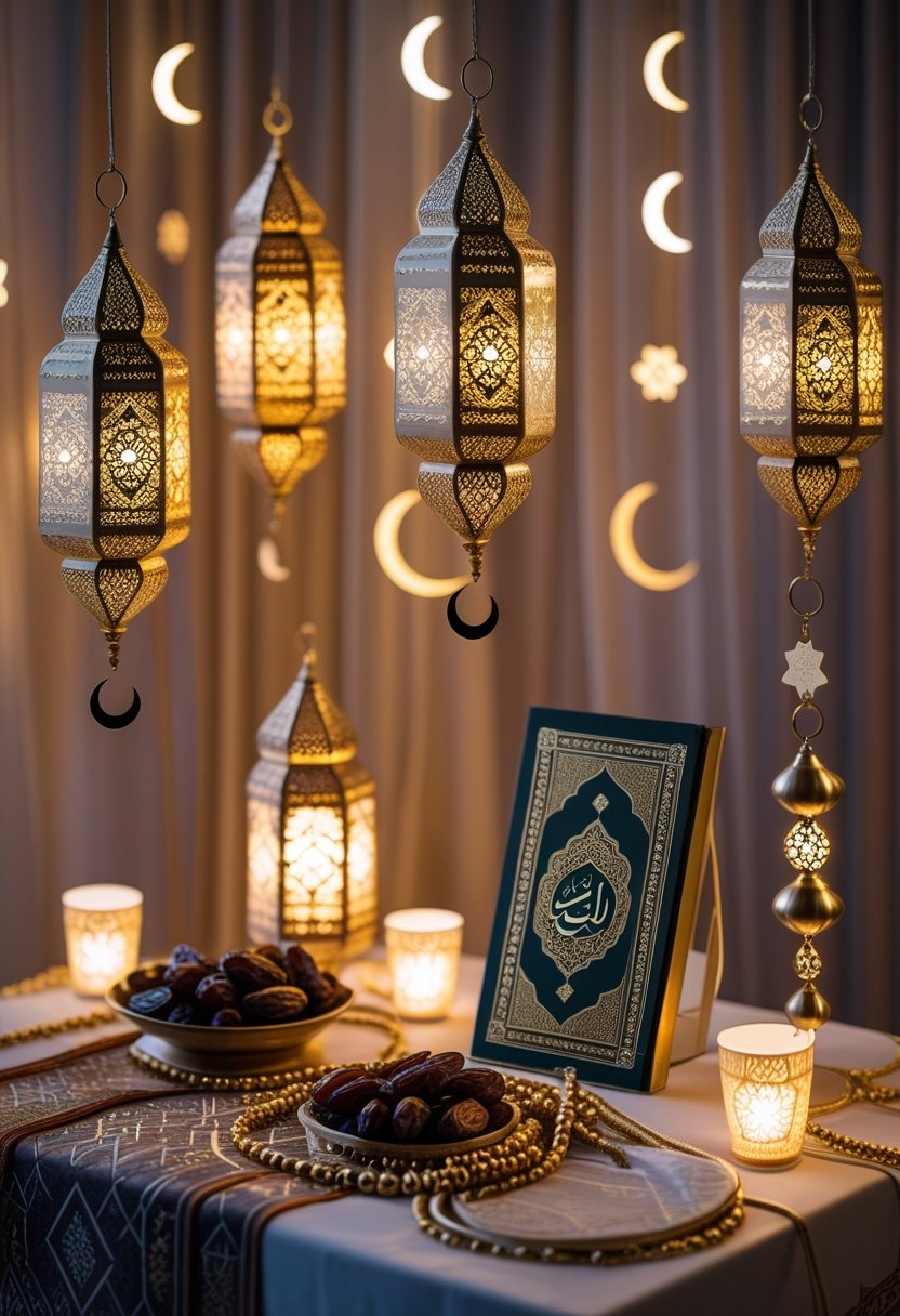 A warm, softly lit Ramadan setup with glowing lanterns, crescent moon decorations, prayer beads, dates, and a Quran stand arranged on a table.