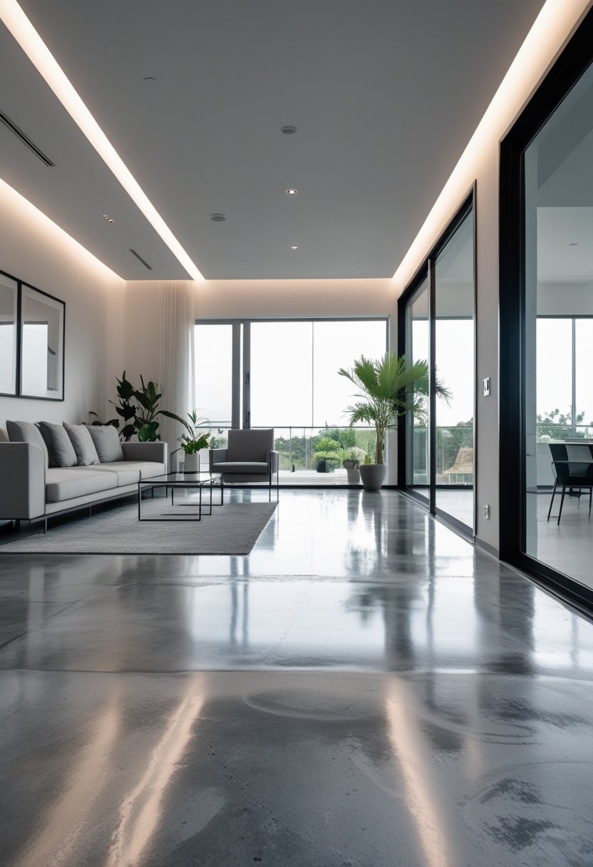 A modern living room with a polished concrete floor, sofa, coffee table, indoor plants, and natural light coming through large windows.