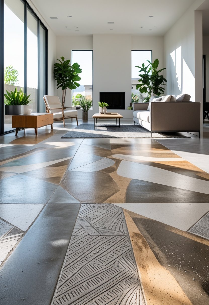 A modern living room with a stained and patterned concrete floor, natural light, and minimalist furniture.