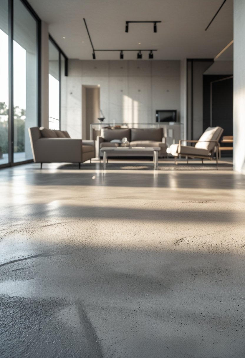 A modern living room with polished concrete floors, a sofa, coffee table, and large windows letting in natural light.