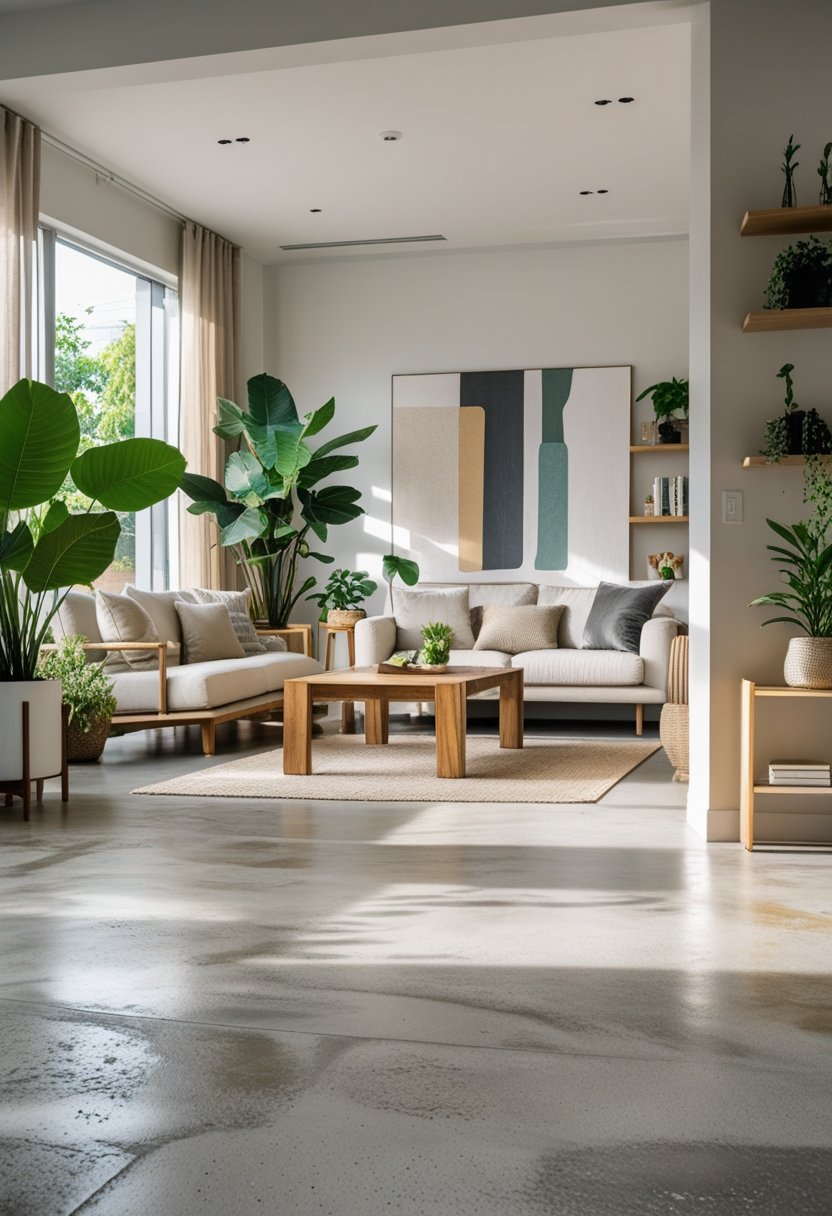 A bright modern living room with polished concrete flooring, a sofa, coffee table, and indoor plants.