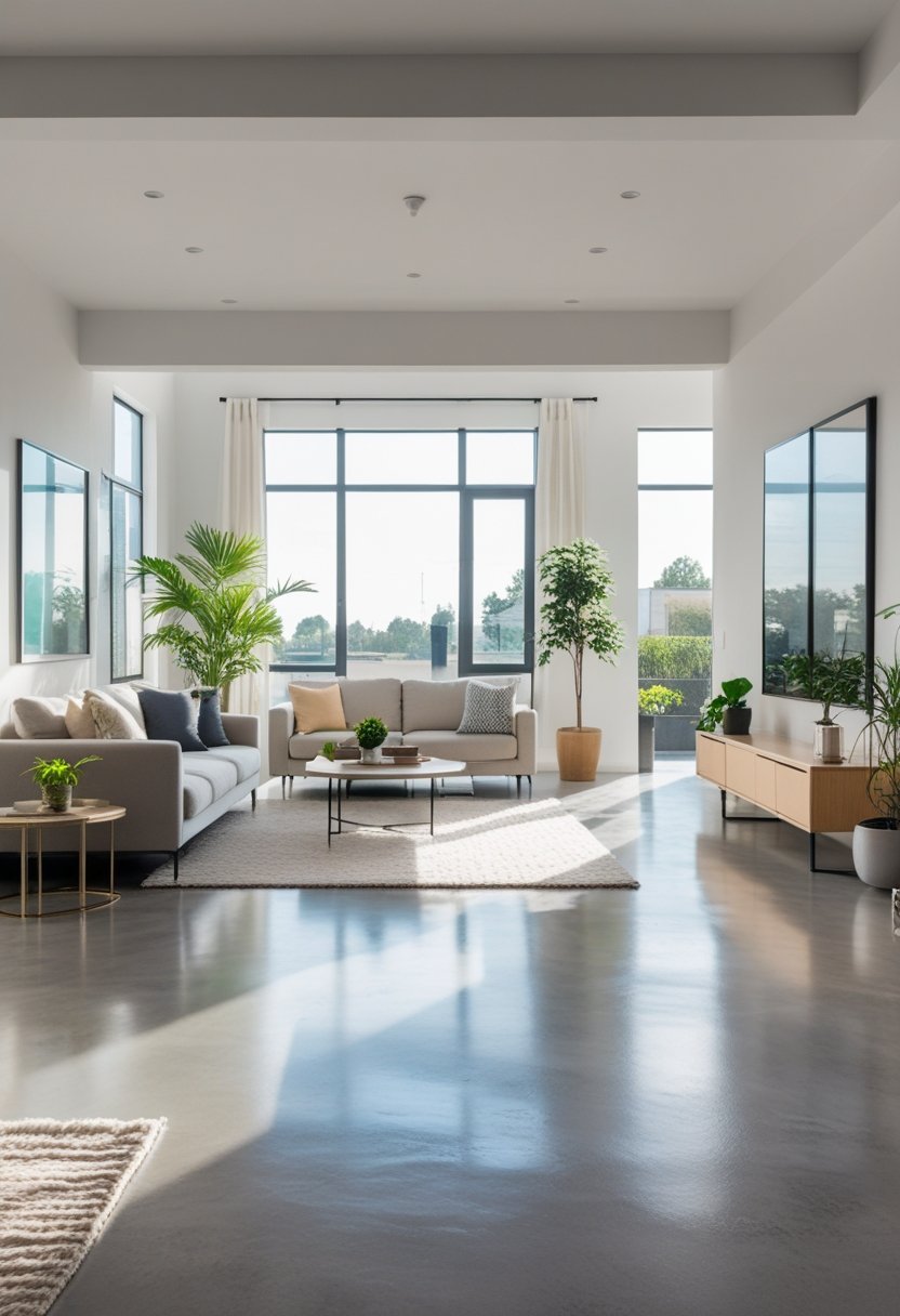 A bright living room with polished concrete floors, a sofa, coffee table, plants, and large windows letting in natural light.