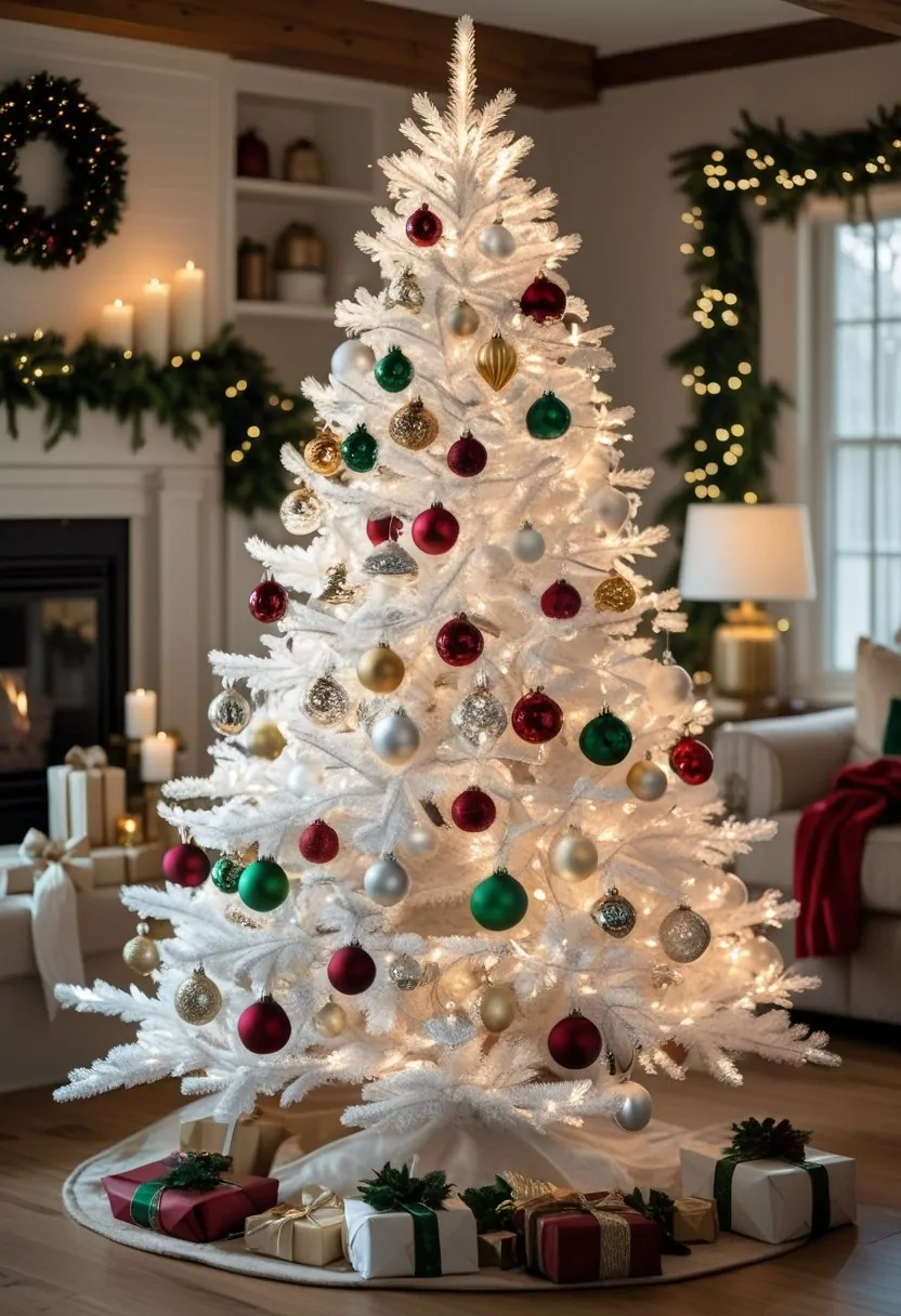 A white Christmas tree decorated with gold, silver, red, and green ornaments and warm white lights in a cozy living room with holiday decorations.