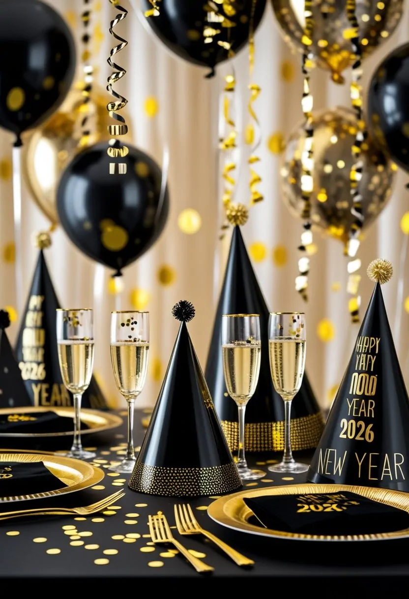 A festive New Year party scene with black and gold decorations, balloons, champagne glasses, and table settings.
