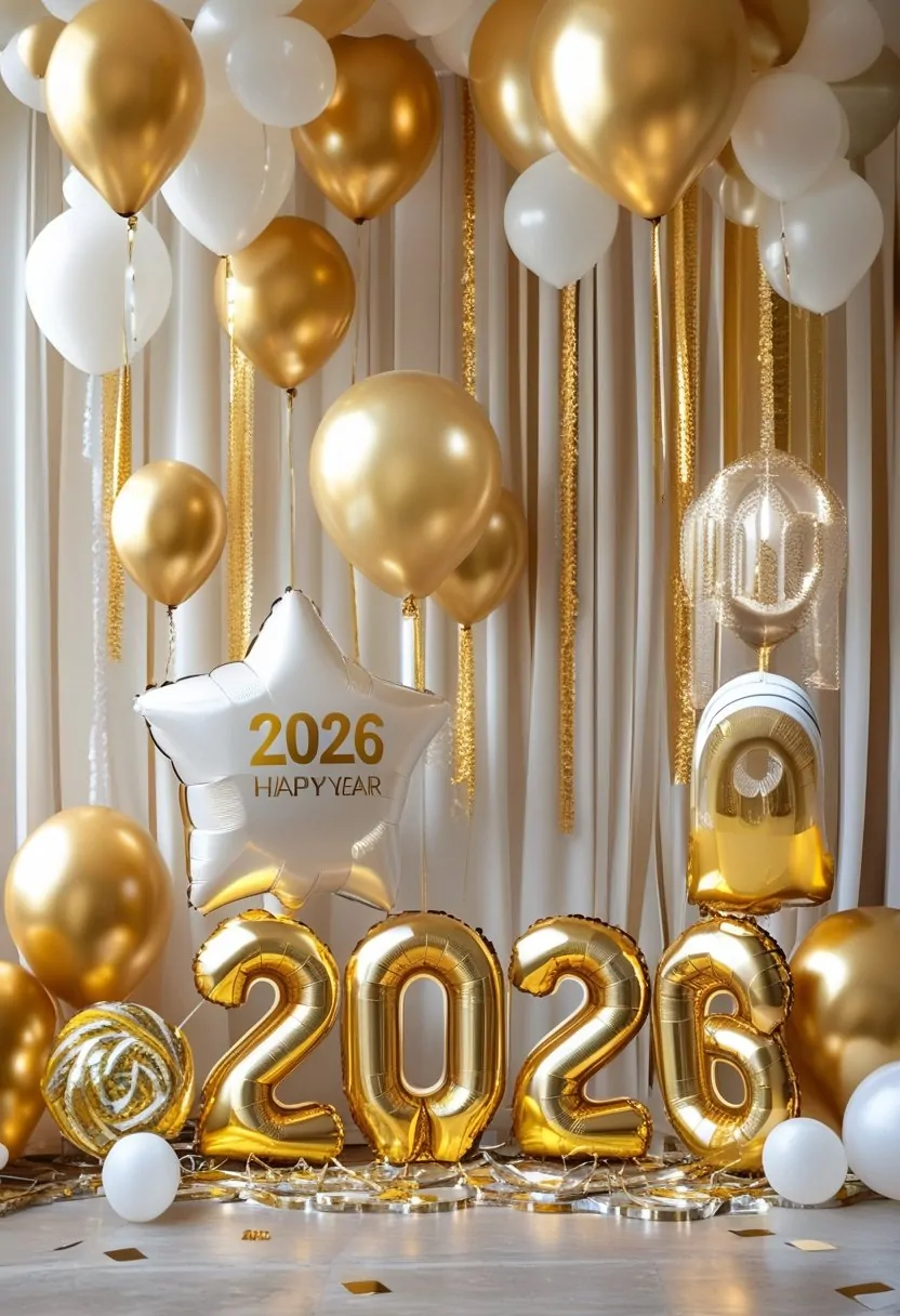 A festive New Year celebration setup with gold balloons and hanging streamers creating a celebratory atmosphere.
