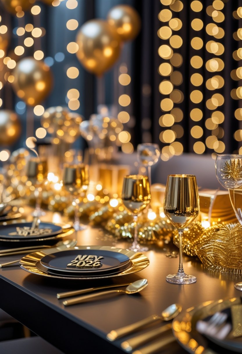 A festive New Year celebration setup with gold balloons, elegant table settings, and warm ambient lighting creating a sparkling atmosphere.