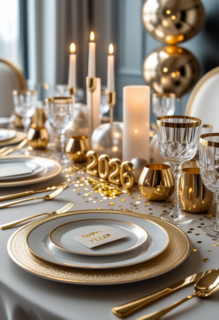 A festive dining table set with gold-accented plates, glassware, cutlery, and decorative gold balloons in the background.