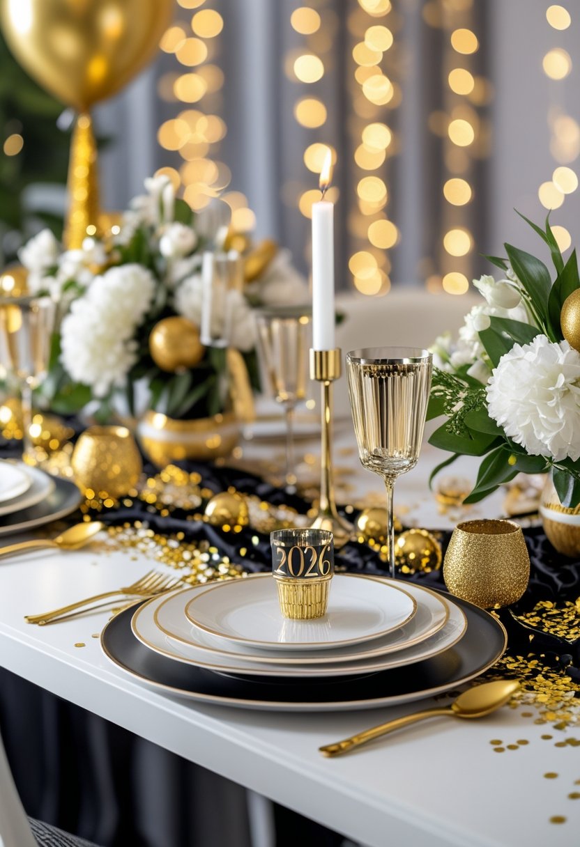 A festive New Year party table decorated with gold balloons, candles, and elegant tableware.