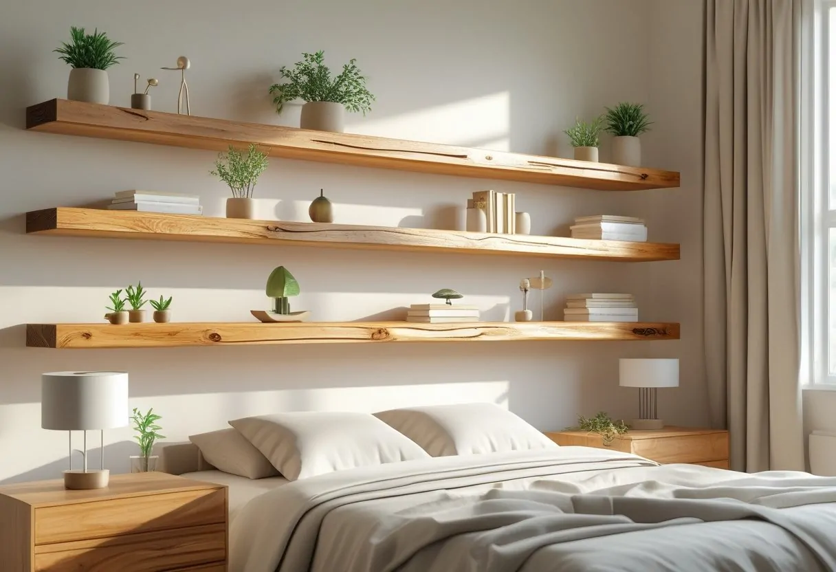 A bedroom with wooden floating shelves on the wall holding plants, books, and decorations above a bed.