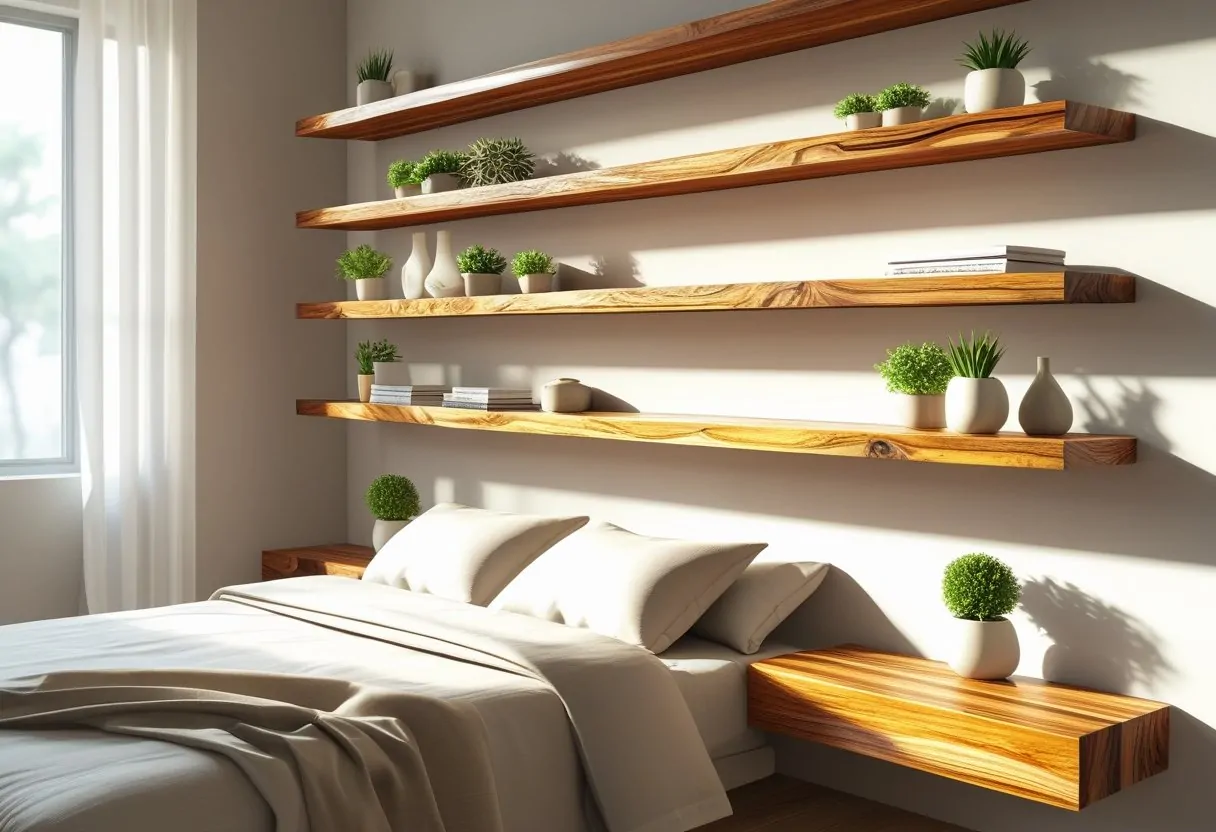 A bedroom with wooden floating shelves on the wall holding plants and decorative items, a bed with neutral bedding, and soft natural light filling the room.