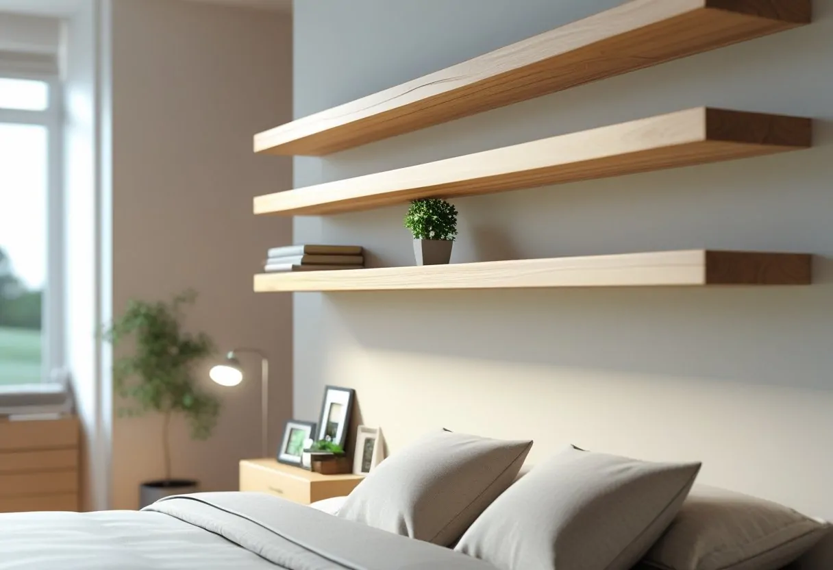 A bedroom wall with wooden floating shelves holding books, plants, and decorations above a neatly made bed.