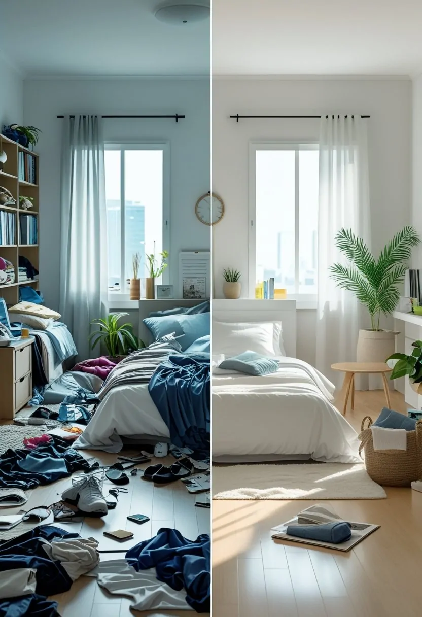 A bedroom split into two halves: the left side is messy and cluttered, the right side is clean and organized.