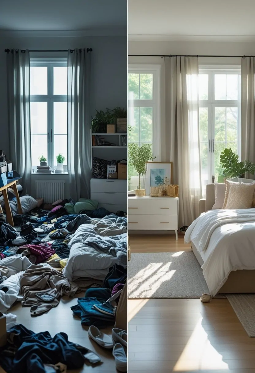 Split image of a bedroom showing a cluttered messy side and a clean organized side.