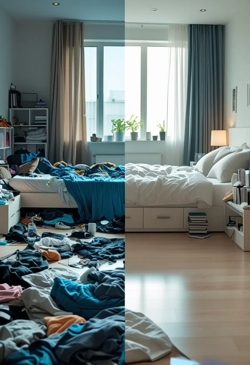 A bedroom split into two halves, one side messy with clothes and items scattered on the floor and an unmade bed, the other side clean and organized with a neatly made bed and tidy floor.