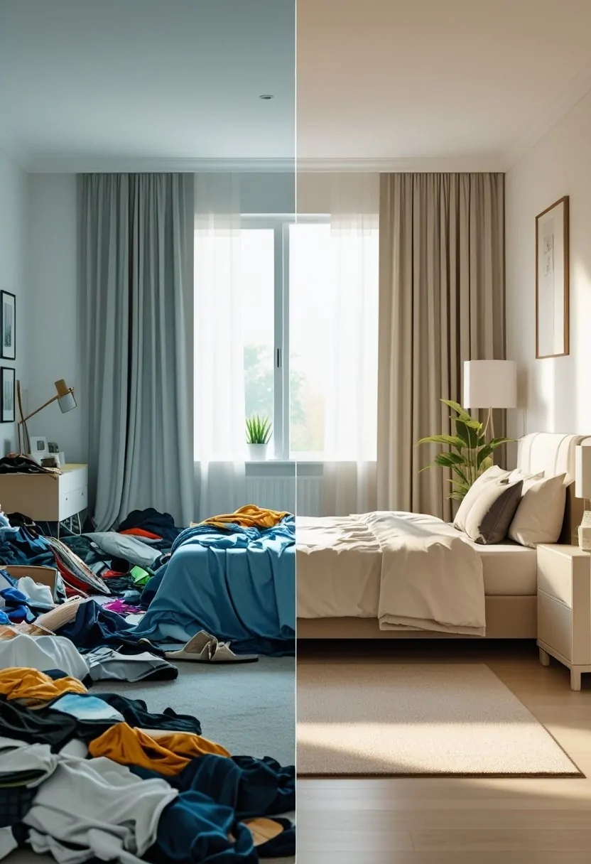A bedroom divided into two halves, one messy and cluttered, the other clean and organized.