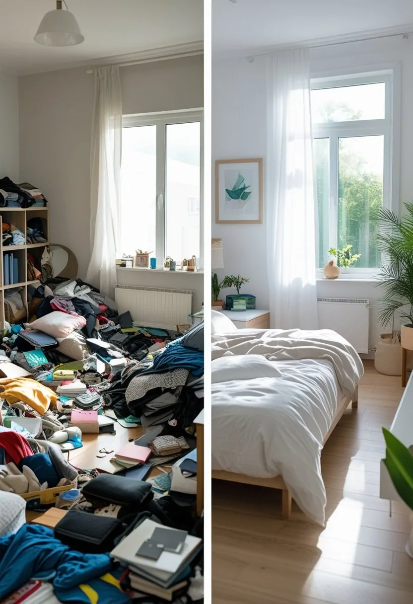A bedroom showing a cluttered messy side on the left and a clean, organized side on the right.