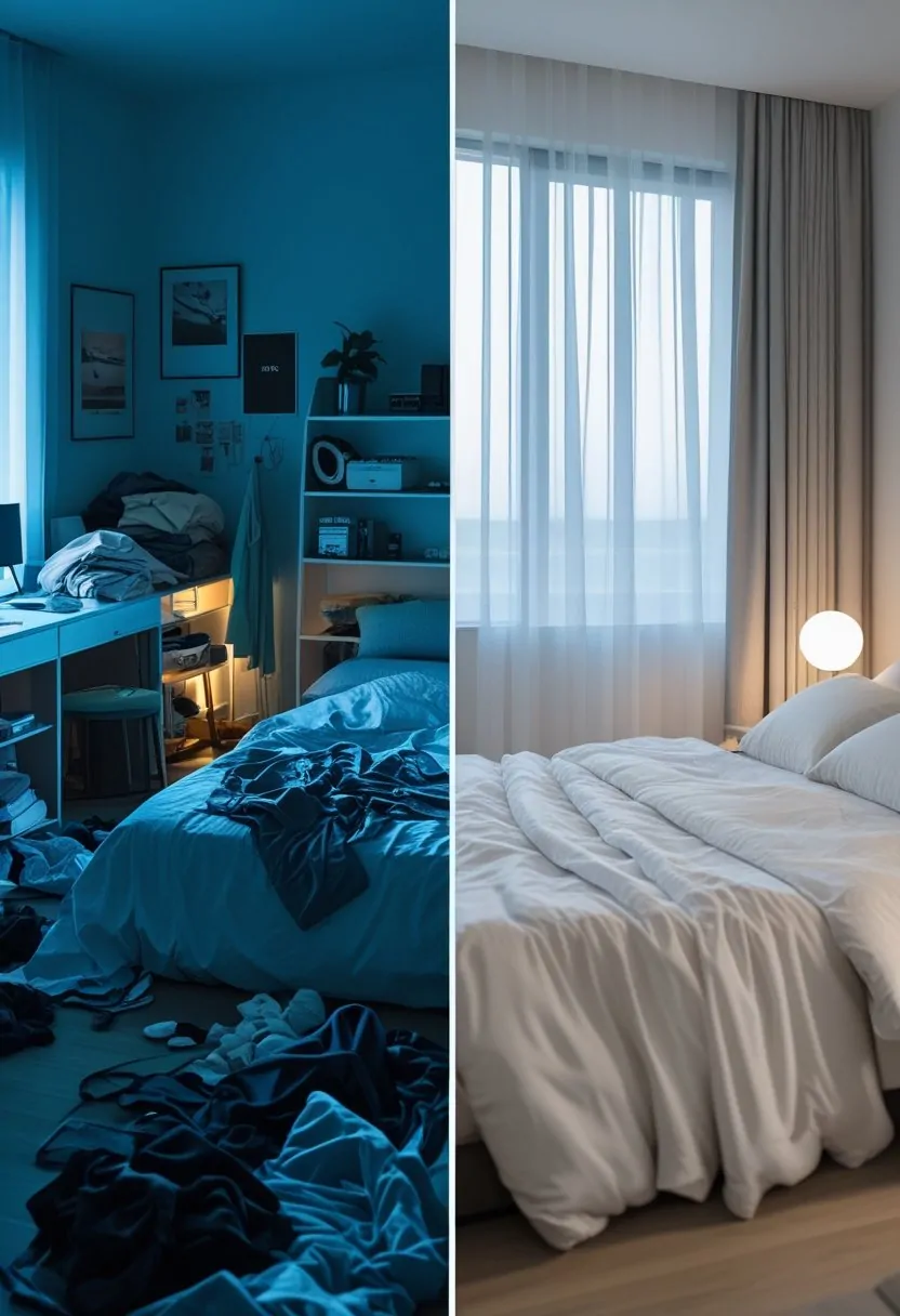 A bedroom split into two halves: the left side is cluttered and messy, the right side is clean and organized.