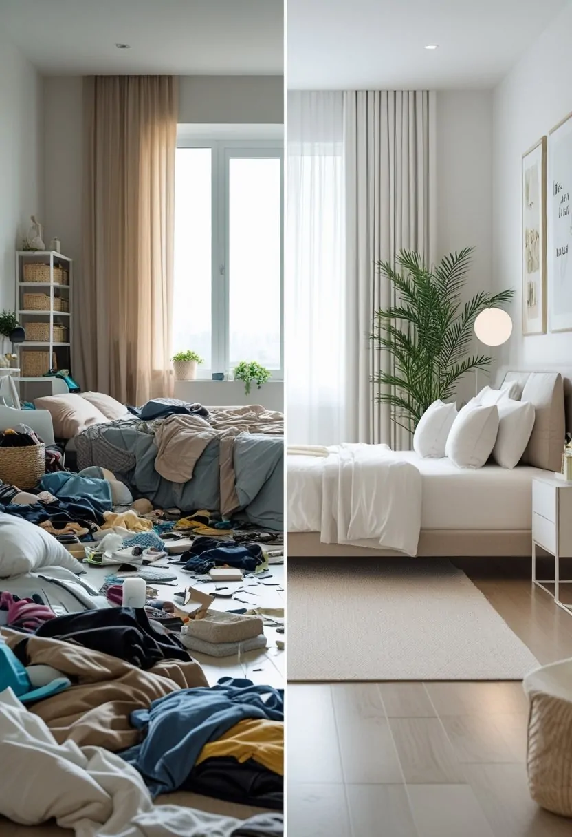 A split-view bedroom showing a messy, cluttered side on the left and a clean, organized side on the right.