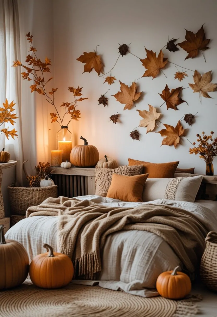 A cozy bedroom with warm lighting, wooden furniture, and autumn-themed decorations including pumpkins and dried leaves.