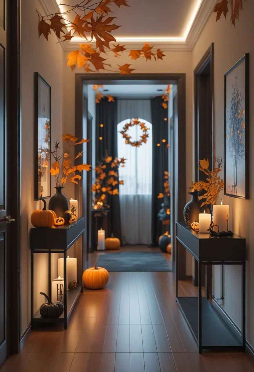 A hallway decorated with pumpkins, candles, and autumn-themed accessories on tables and shelves, with warm lighting and wooden floors.