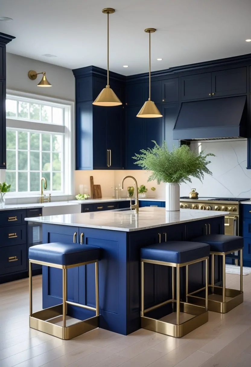 A modern kitchen with navy blue cabinets, brass fixtures, a marble island, and stylish seating under pendant lights.