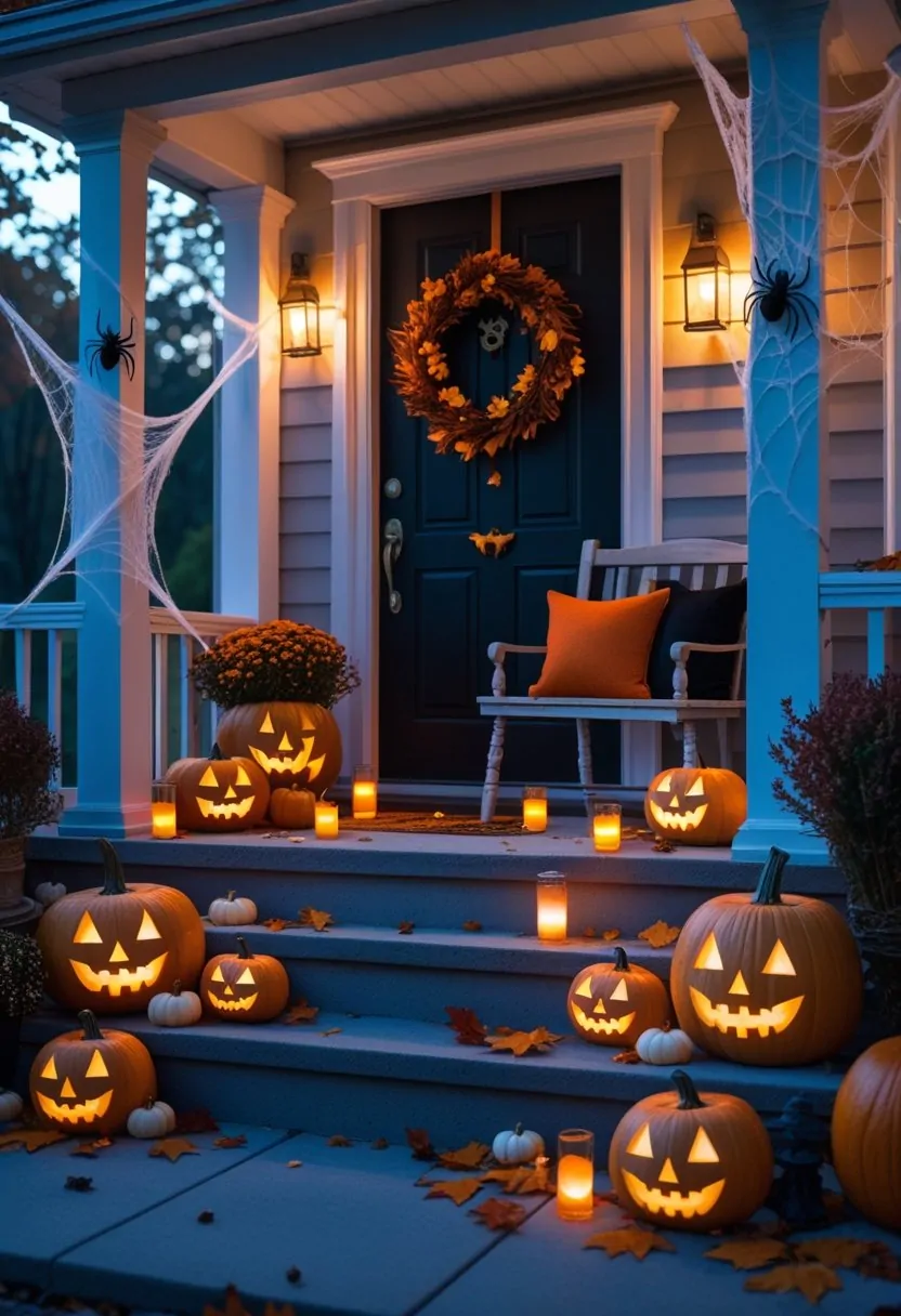 A cozy Halloween porch decorated with glowing carved pumpkins, candles, spider webs, autumn leaves, and a wreath on the door.