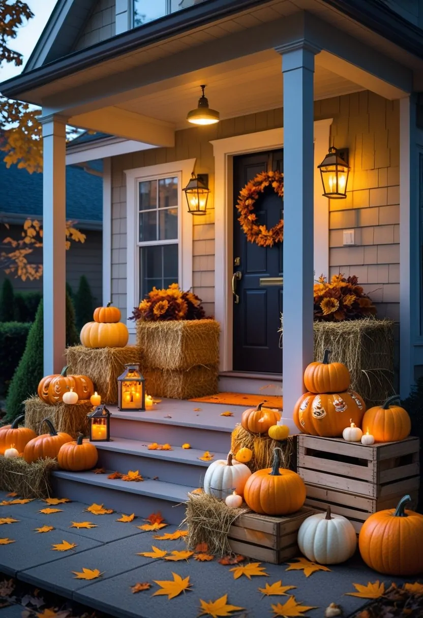 Outdoor porch decorated with pumpkins, fall leaves, lanterns, and autumn decorations for Halloween.