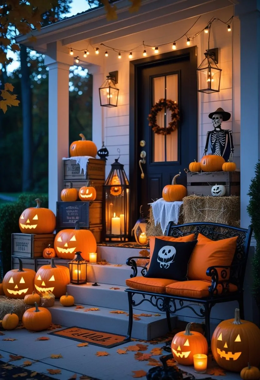 A Halloween porch decorated with glowing lanterns, pumpkins, autumn leaves, string lights, and cozy seating.